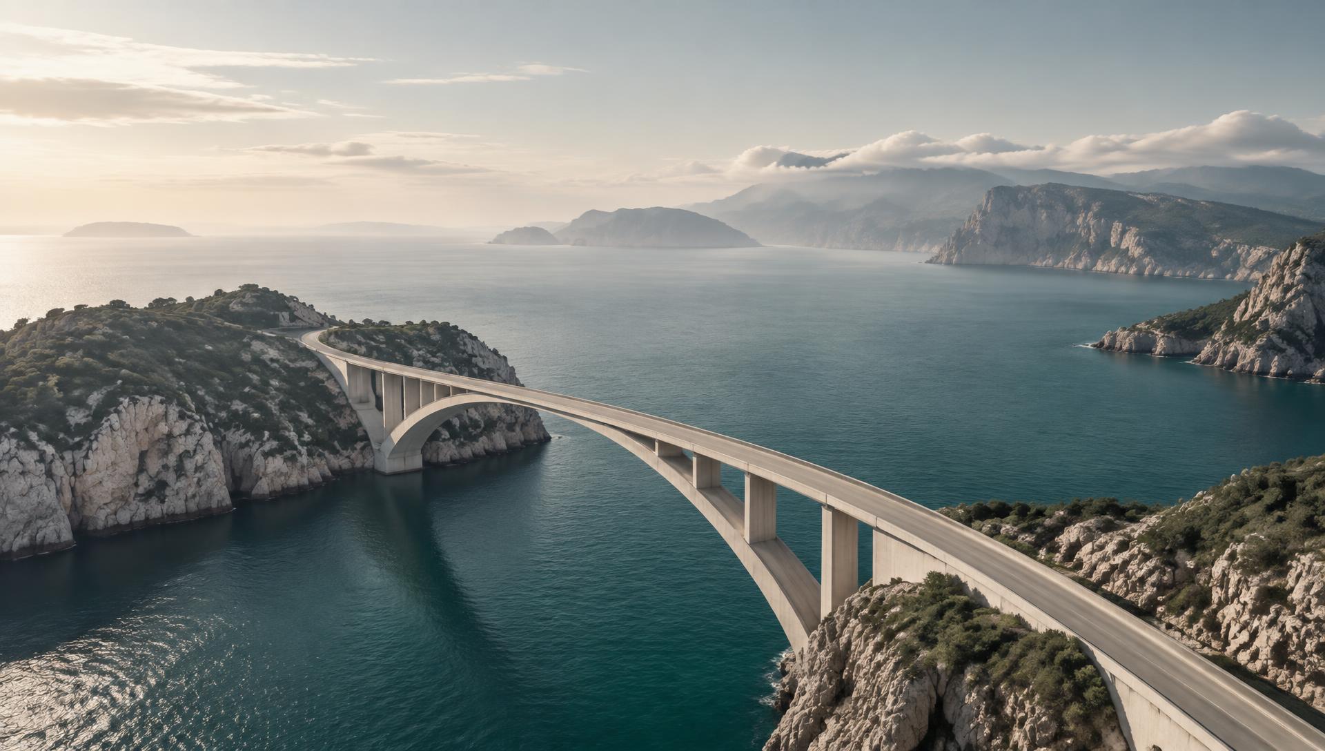 A sculptural bridge spanning a tranquil coastal landscape